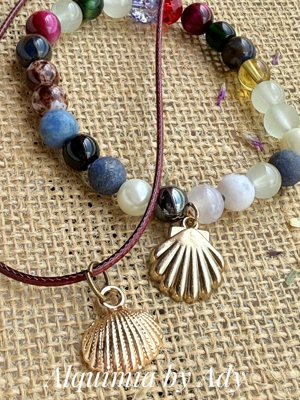 Multicolor Gemstone bracelet and Necklace with Gold Shell Pendant